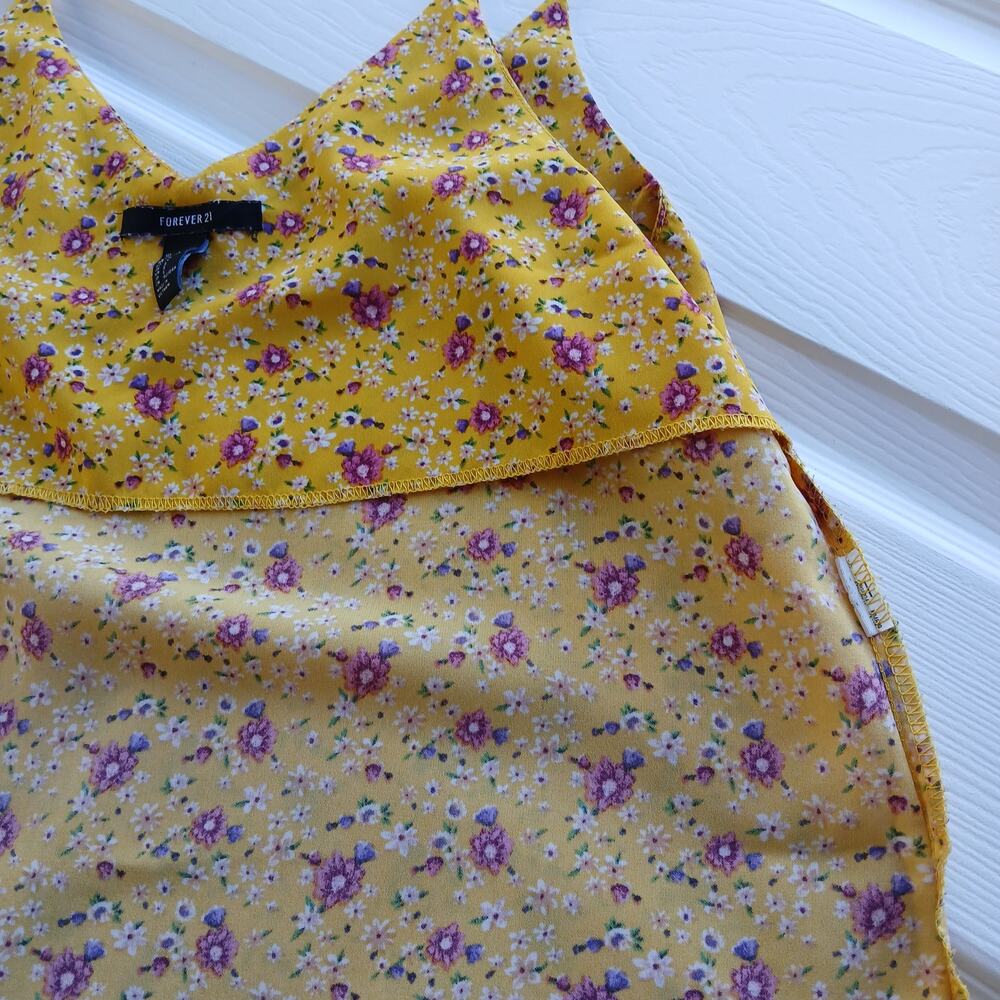 Forever 21 Spaghetti Strap Cami Tank Top Small yellow pink floral pattern V-neck - Picture 6 of 11